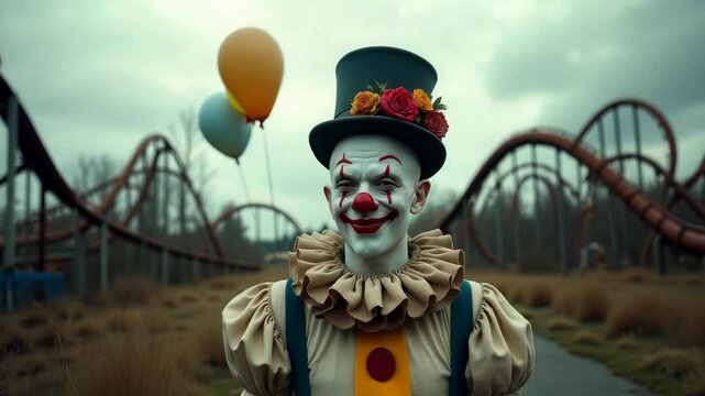 A retro-style clown with face paint and a top hat stands near colorful balloons, with a roller coaster in the background, creating an eerie yet whimsical atmosphere.