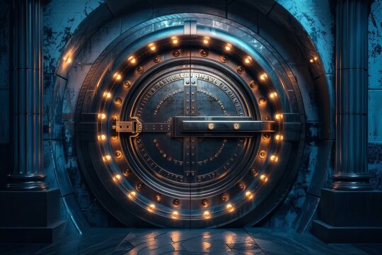Giant closed round metal bank vault door is illuminated by lights, representing safety and security