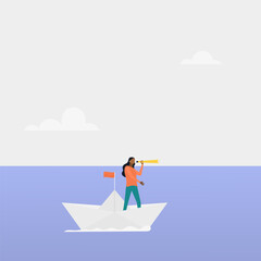 A business leader looks through binoculars at paper boats, challenging the crisis. Vector illustration.	