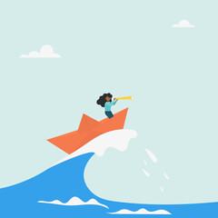 Character surfing the sea waves on a paper boat. Deal with crises with patience and foresight. Vector illustration.	