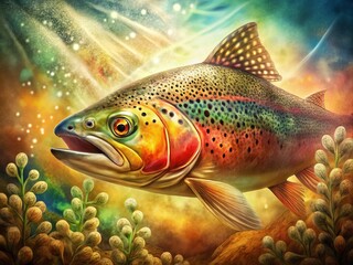 Vintage Style Photography of Rainbow Trout Fish Fractal Art with Retro Colors and Textures, Capturing Nature's Beauty and Complexity in a Unique, Artistic Presentation