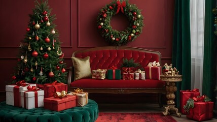 Christmas composition ornaments on red velvet background