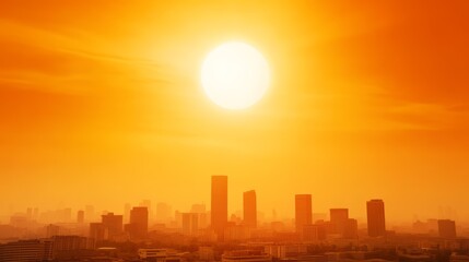 Obraz premium Silhouetted city skyline under a vibrant orange sunset.