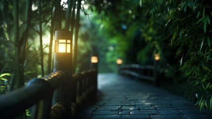 Obraz premium A stone path illuminated by lanterns leads through a bamboo forest.