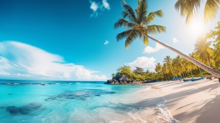 Beautiful tropical ocean with blue sky and palm trees in summer