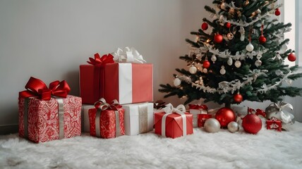 Christmas composition ornaments on white and red background