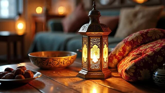 Ornate Lantern with a Candle on a Wooden Table with a Bowl and a Throw Blanket in the Background
