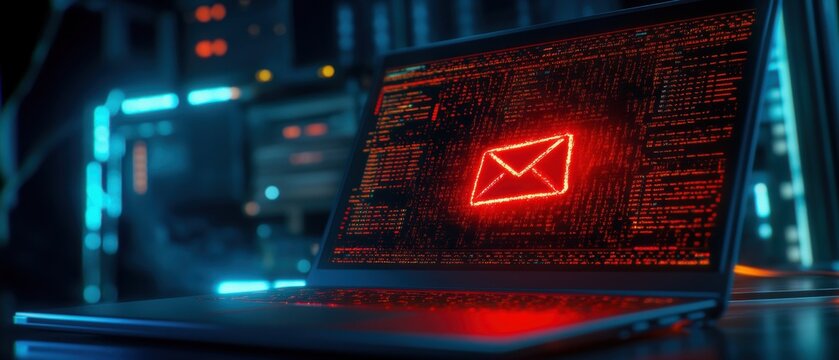 Phishing Awareness laptop show red email inbox with a warning sign indicating phishing attempts and the importance of awareness