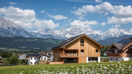 there is an alpine landscape with snow-capped mountains and green meadows