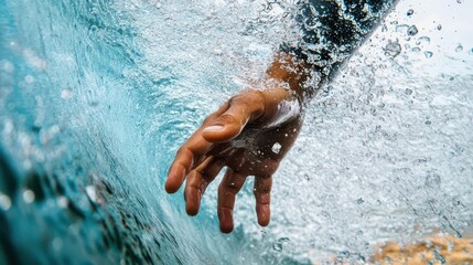 A close-up of a surfer’s hand skimming the water as they ride a wave, capturing the fluidity and connection with the ocean