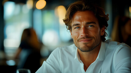 Obraz premium Confident man smiling in a stylish restaurant setting
