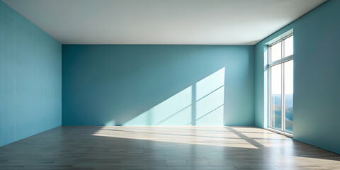 Fototapeta premium A spacious, modern room with blue walls, large windows, and sunlight casting shadows on the wooden floor, creating a serene atmosphere.