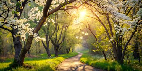 Fototapeta premium A peaceful forest path lined with blooming trees, illuminated by soft sunlight, creating a serene and idyllic atmosphere.