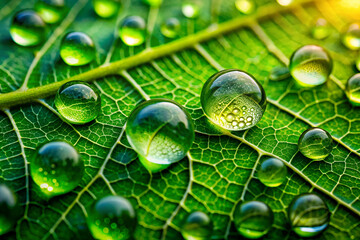 Close-up of a leaf adorned with glistening water droplets, showcasing vibrant greens and intricate leaf textures illuminated by soft sunlight.
