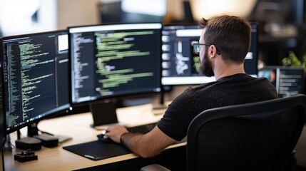 Focused Programmer: A dedicated programmer immersed in a world of code, working tirelessly on a complex project with three monitors displaying lines of code.