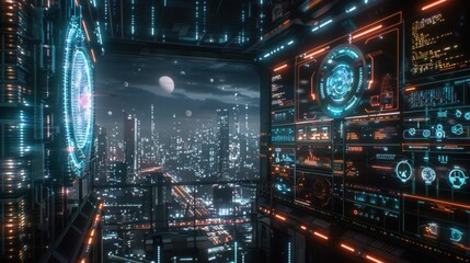 Fototapeta premium Dark background, digital screen with blue and red lights glowing in the dark, futuristic cityscape with holographic displays
