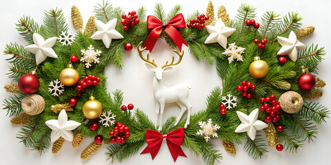 A festive holiday wreath adorned with red bows, ornaments, white stars, and a white reindeer, surrounded by evergreen foliage.