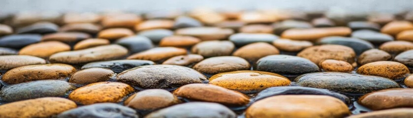 Fototapeta premium Smooth river stones in various colors, wet surface, natural background.