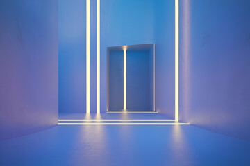 A modern, minimalistic interior featuring blue walls and illuminated lines, creating a futuristic and inviting atmosphere.