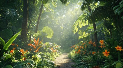 Tropical jungle landscape with fresh vivid plants, leaves and flowers. Beautiful forest, Summer botanical garden on sunny day. Generative AI.