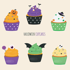 Set of Halloween Cupcakes with spooky decorations.