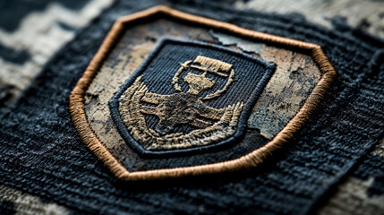 Close-up of a worn and faded patch with an anchor design, stitched onto a dark fabric.