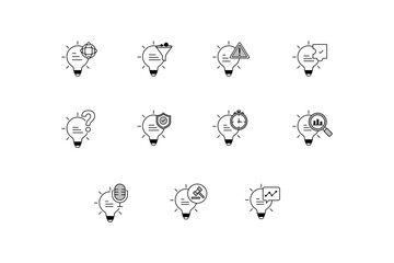 Idea Generation and Development Icons. Global Idea Generation. Idea Filtering and Prioritization. Idea with Potential Risks. Planned Idea with Action Steps.