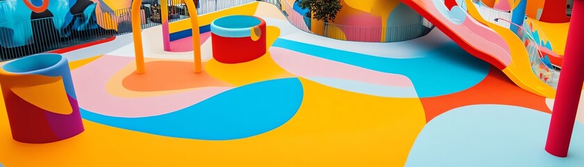 Fototapeta premium Abstract colorful art installation with rounded shapes and a few people walking by.