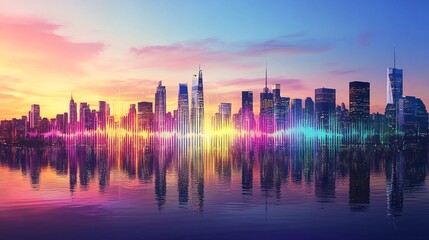 Fototapeta premium Vibrant City Skyline at Dusk with Sound Waves