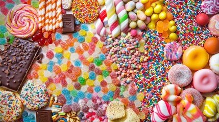 A Festive Feast for the Eyes: A Panoramic Display of Vibrant Sweets and Candies in Full Spectrum