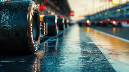 Obraz premium Close-up of F1 wheels. Asphalt surface of international racetrack with racing cars at the start line.