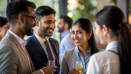 Indian professionals unwinding and networking after work at a casual mixer event.

