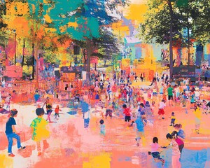 A vibrant summer festival in a park with blurred motion of people enjoying the event.