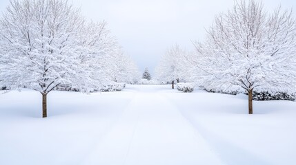 Obraz premium Snow-covered pathway surrounded by frosty trees, winter wonderland ambiance.