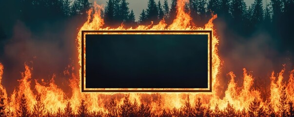 A creative representation of a black framed screen engulfed in flames, set against a dark forest backdrop.