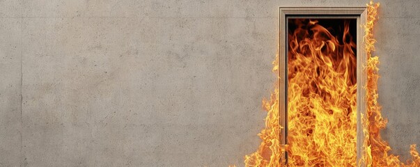 A doorway engulfed in flames symbolizes the chaos of unresolved issues, set against a stark concrete background, evoking urgency and concern.