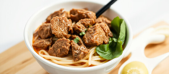 bowl noodles with meat herbs