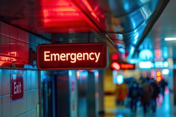 A prominent sign reading "Emergency Exit" in bold sans serif font, located in public buildings to guide people in case of emergencies 
