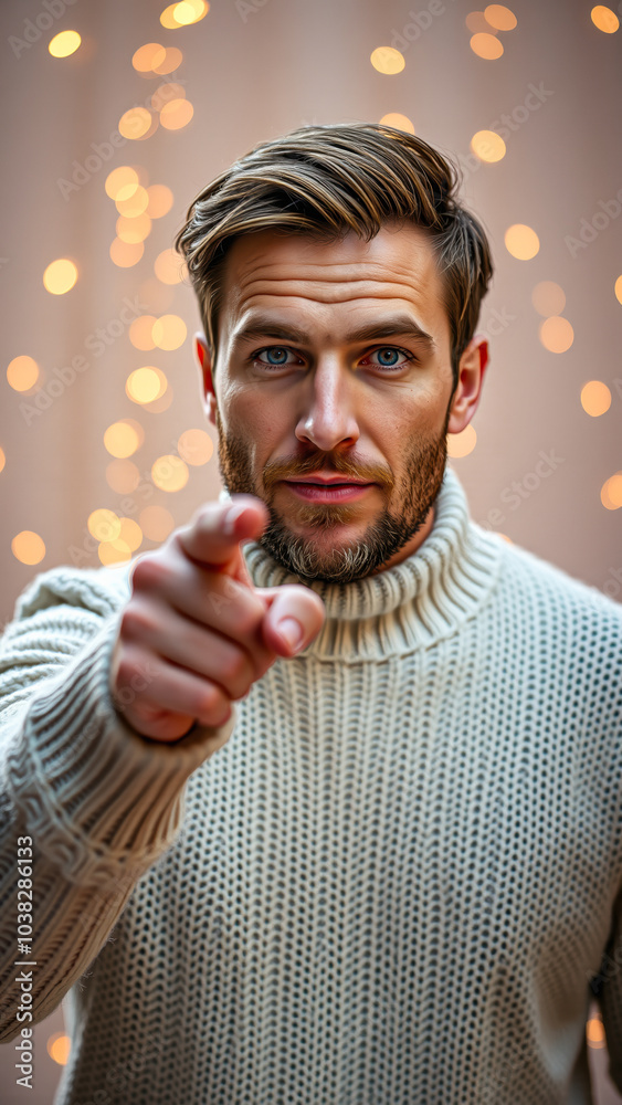 Wall mural man with a focused expression points directly at the viewer