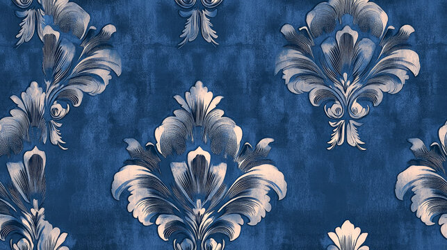Seamless pattern of white floral design on blue background.