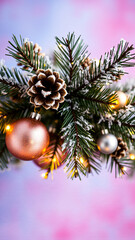 snowy pine branch decorated with sparkling ornaments