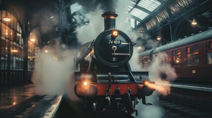 Fototapeta premium A vintage steam train moving through the station, with smoke billowing from its chimney and lights illuminating on both sides of it