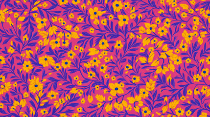 Seamless pattern with yellow flowers and blue leaves on pink background.