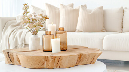 Decorative candles and flowers in home decor setting with cozy interior design elements and natural wood accents
