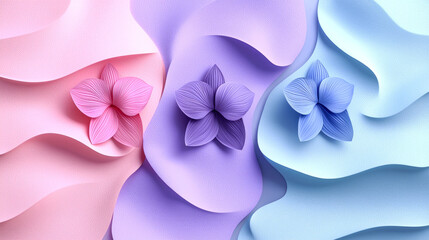 Fototapeta premium Three pink, purple and blue flowers on wavy pastel backgrounds.