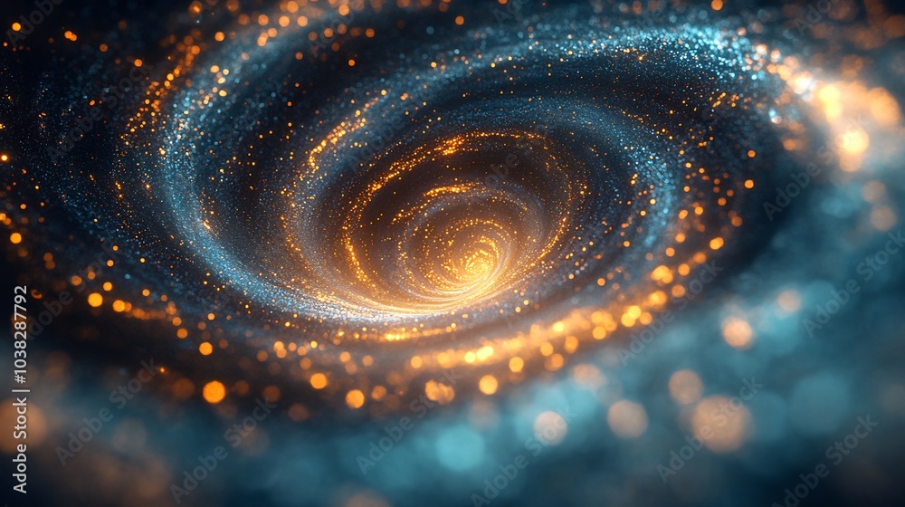 Poster mesmerizing abstract vortex of swirling blue and gold particles creating a dynamic motion effect wit