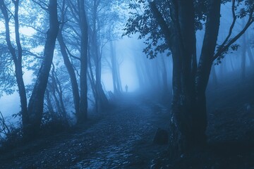Misty forest path with eerie blue tone and mysterious ambiance