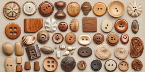 Obraz premium Timeless Elegance: A Neatly Organized Vintage Wooden Buttons Collection on a Neutral Palette
