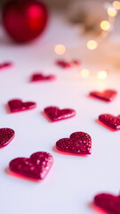 pink glitter hearts with soft golden lights