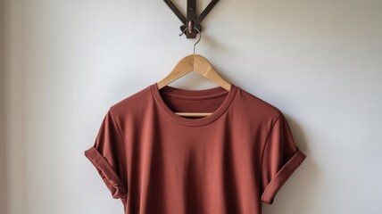 A rack of shirts, rust color t-shirt hanging on a hanger for mockup, simple rust plain tee t-shirt hanging on wooden hanger with plain background for summer tee, clothes, apparel, clothing banner.